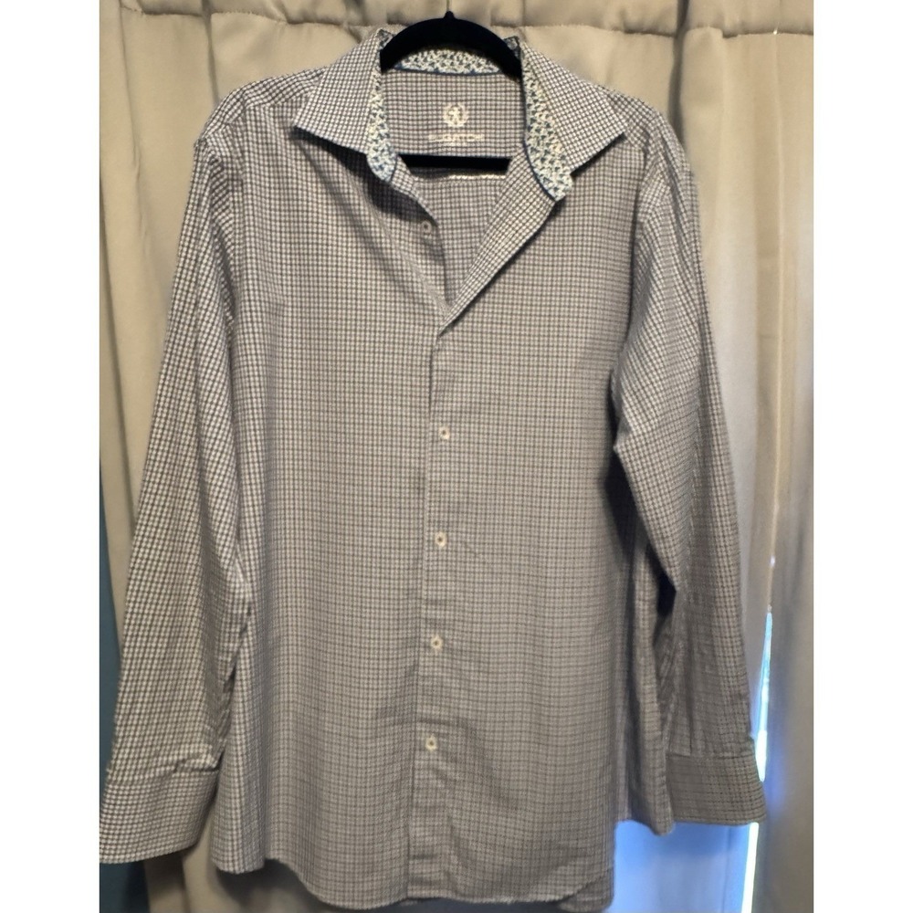 Bugatchi‎ Uomo Blue Check Dress Shirt Quiet Luxury Office Core 17 34/35
